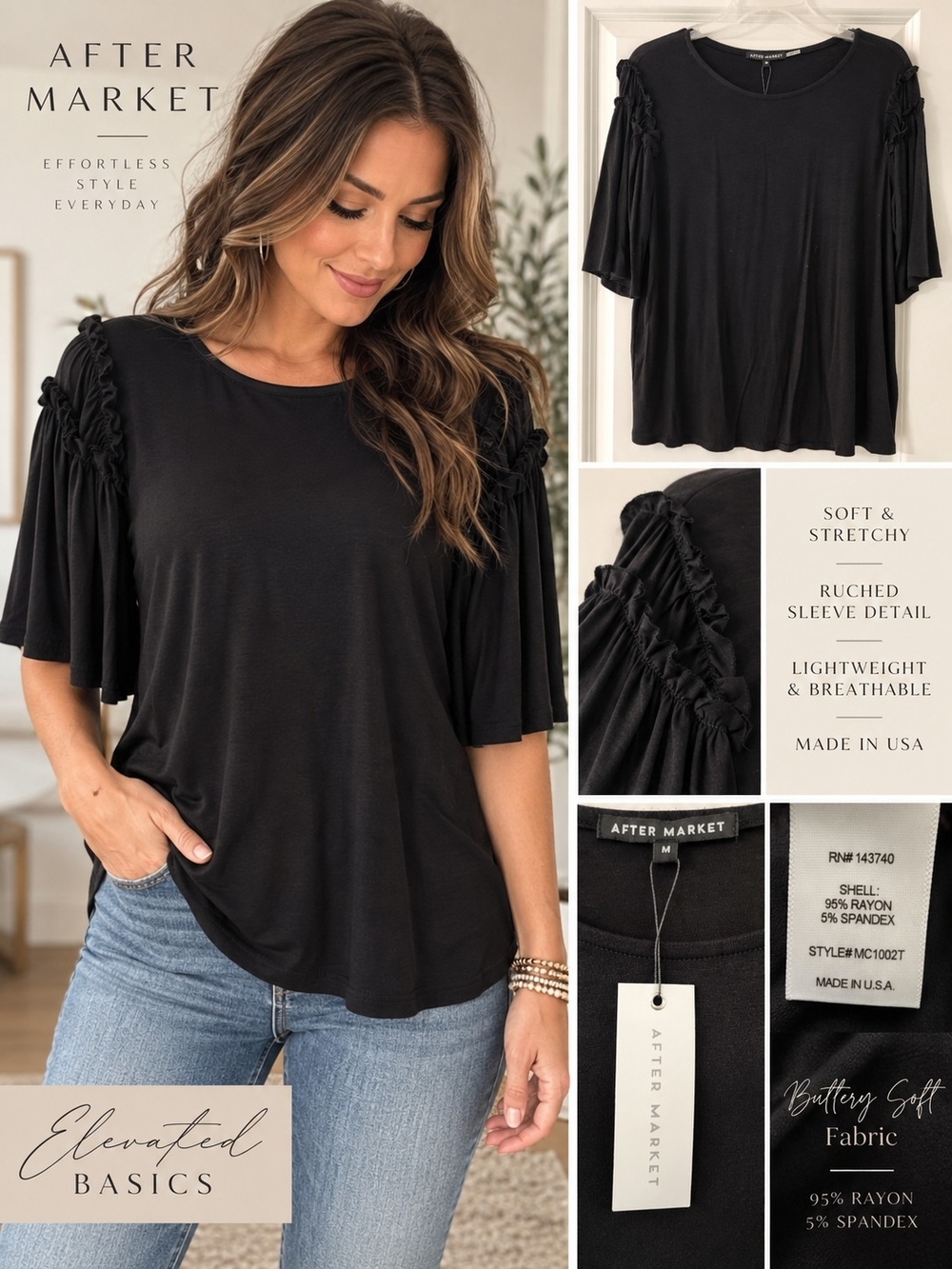 After Market Black Ruched Flutter Sleeve Buttery Soft Top M NWT